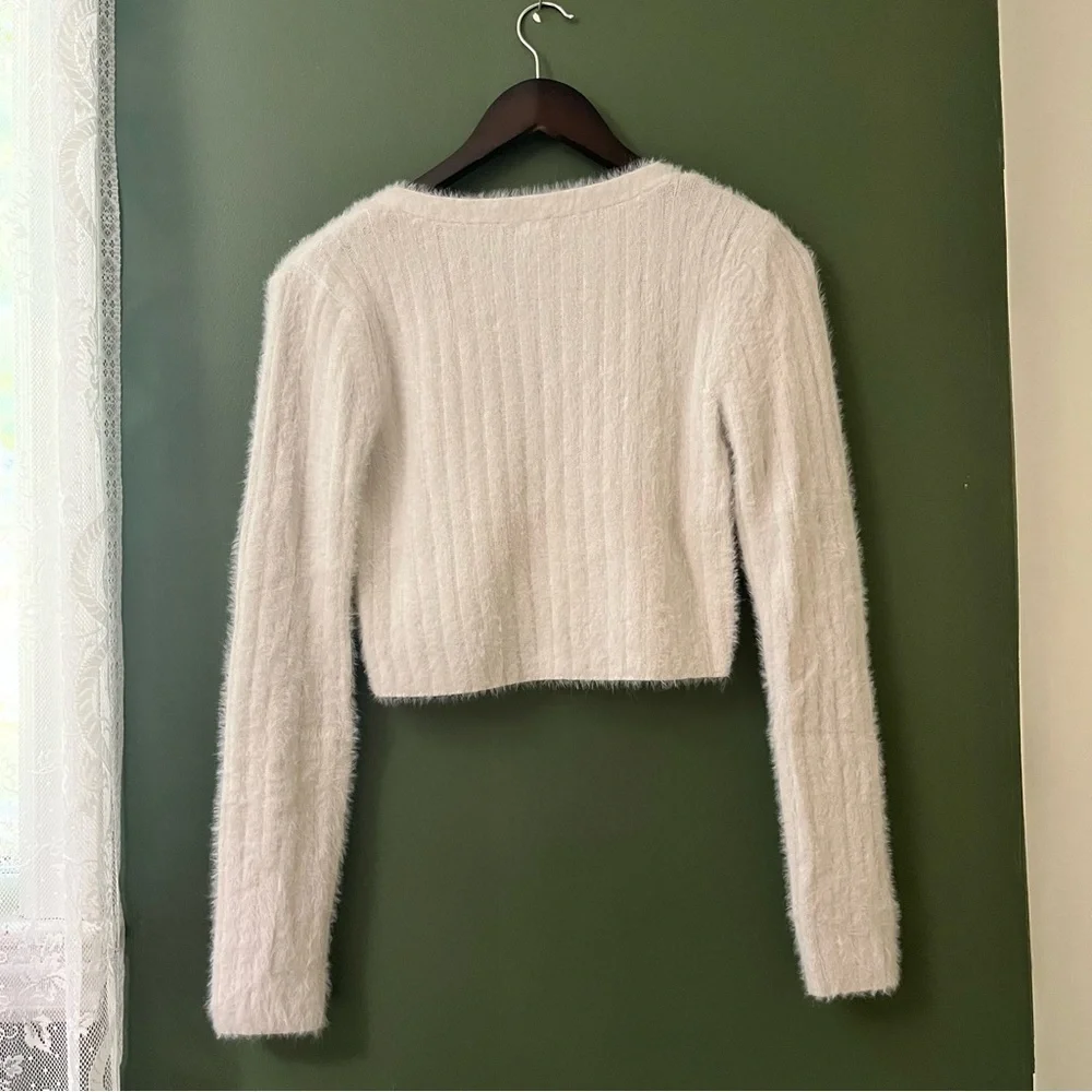 Garage White Fuzzy Women's Cardigan - Picture 2 of 8